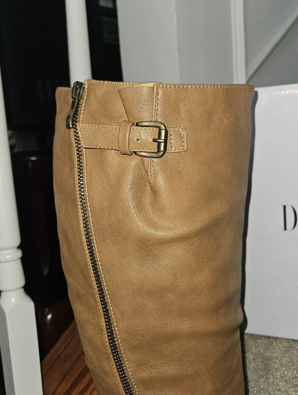 DREAM PAIRS Womens Tall Buckle Riding Boots Camel Sz 8.5 Vegan Leather Wide Calf